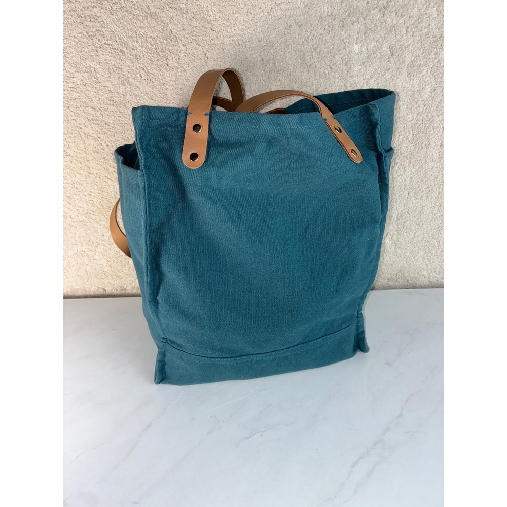 FEED Teal Canvas Tote Bag - Large - Faux Leather Straps Pockets Boho Eco Bag - Picture 7 of 10